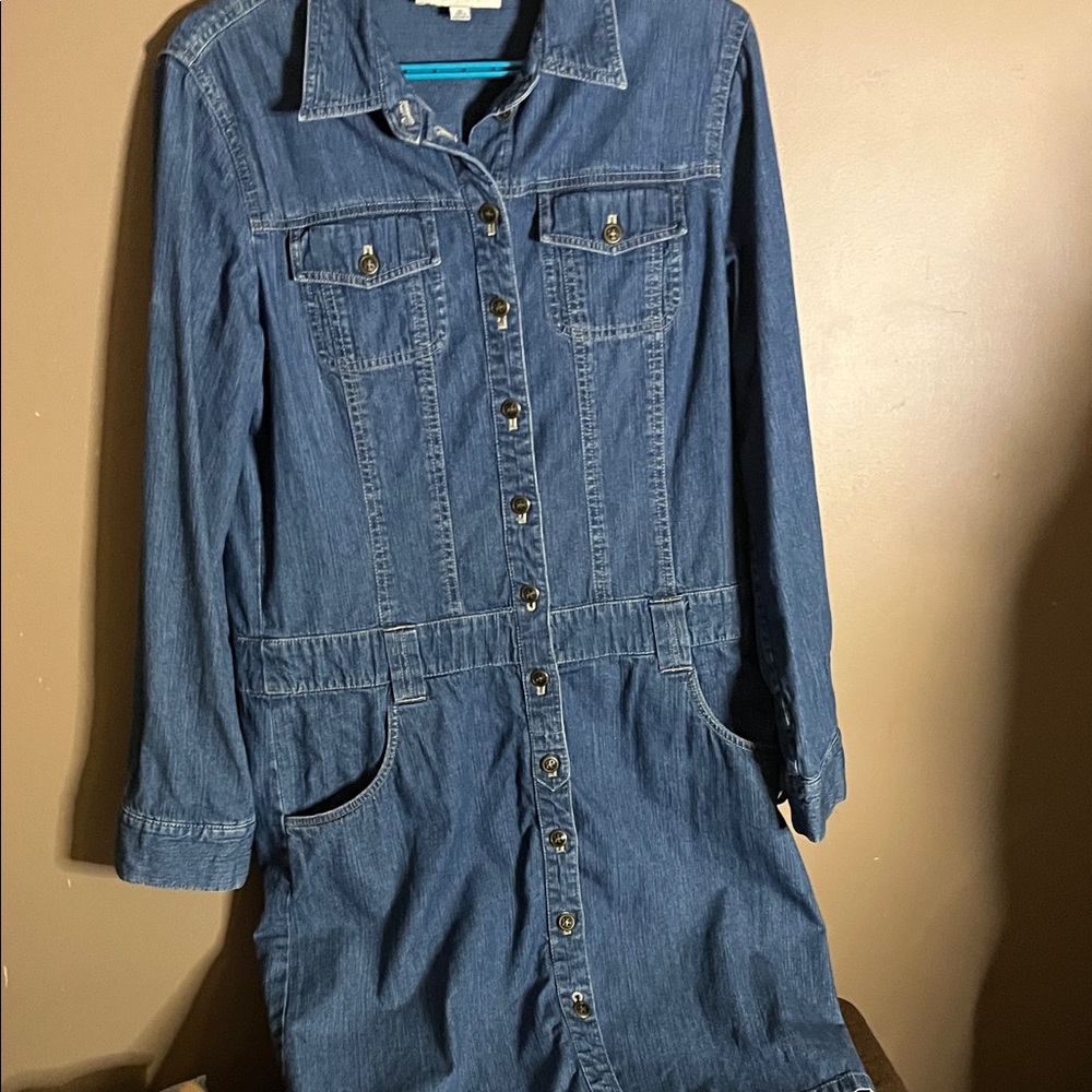 😄Vintage denim dress midi pockets long sleeve